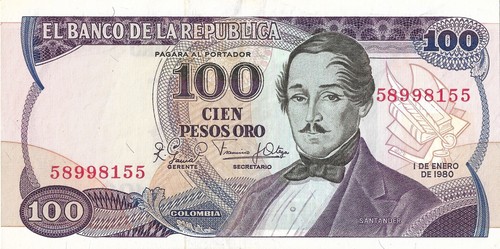 Colombia 100 pesos oro 1980 P-418b est. VF