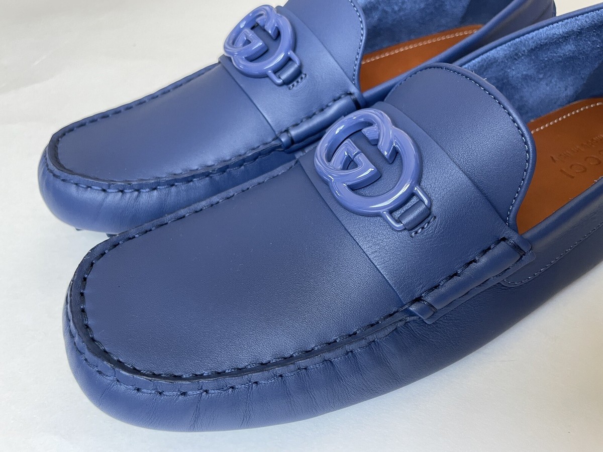 Gucci Men’s Cornflower Blue Leather Interlocking G Driving Loafers Gucci GG Interlocking Loafer Blue Driver moccasin Shoes G 12  main image 3