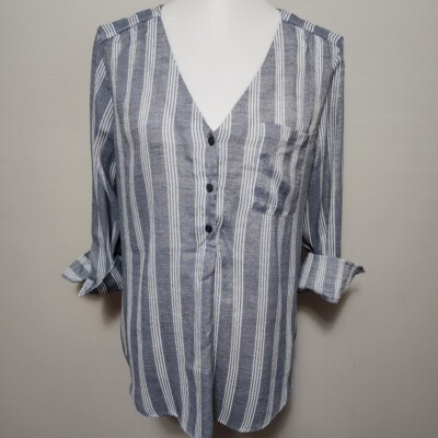Fred David blue & White striped vneck blouse size large