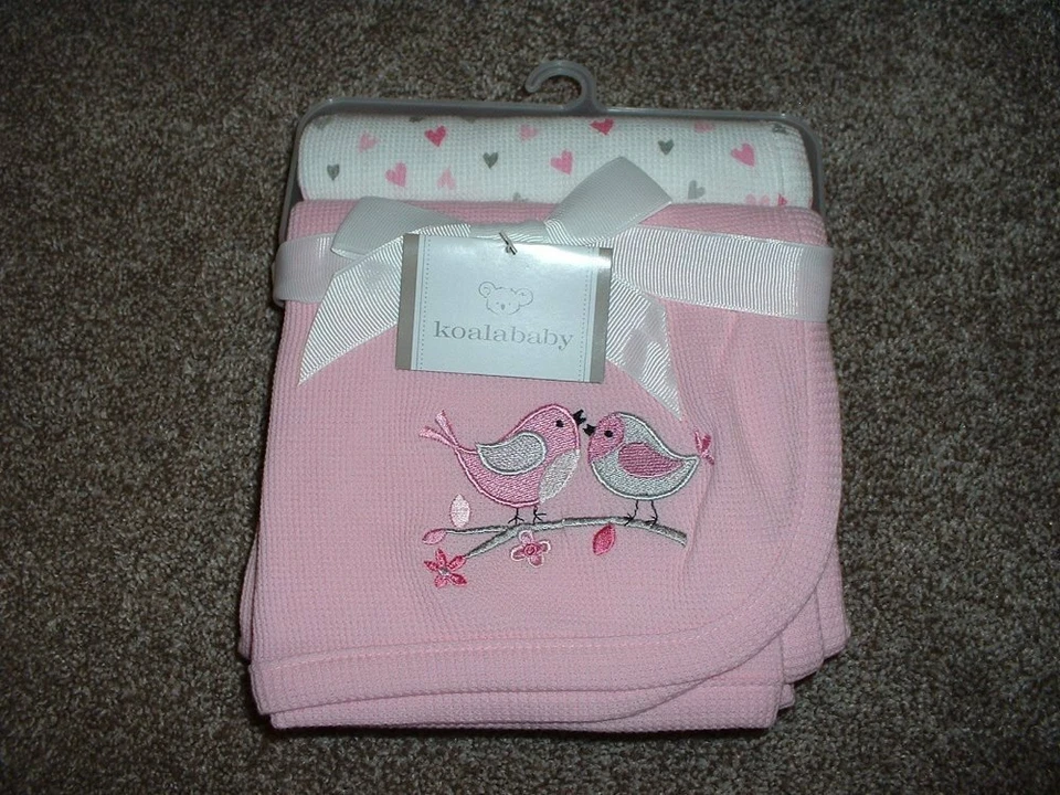 Manta de recepción de bebé Koala 2 piezas algodón térmico rosa blanco gris corazón de pájaro nueva con etiquetas Foto 3 de 3