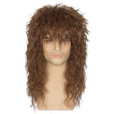 Miss U Hair Long Curly Brown 80s Rocker Wig for Men Women Hair Band Heavy Met...