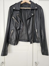 Womens Asos Barneys Originals Genuine Leather Black Biker Jacket - Size 10