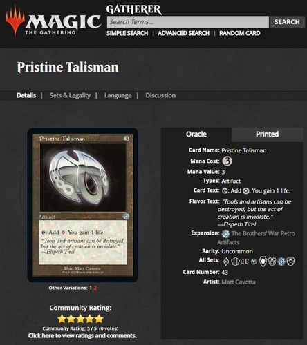 2022 MtG Magic the Gathering The Brothers' War Retro Foil #43 Pristine Talisman - Picture 3 of 3