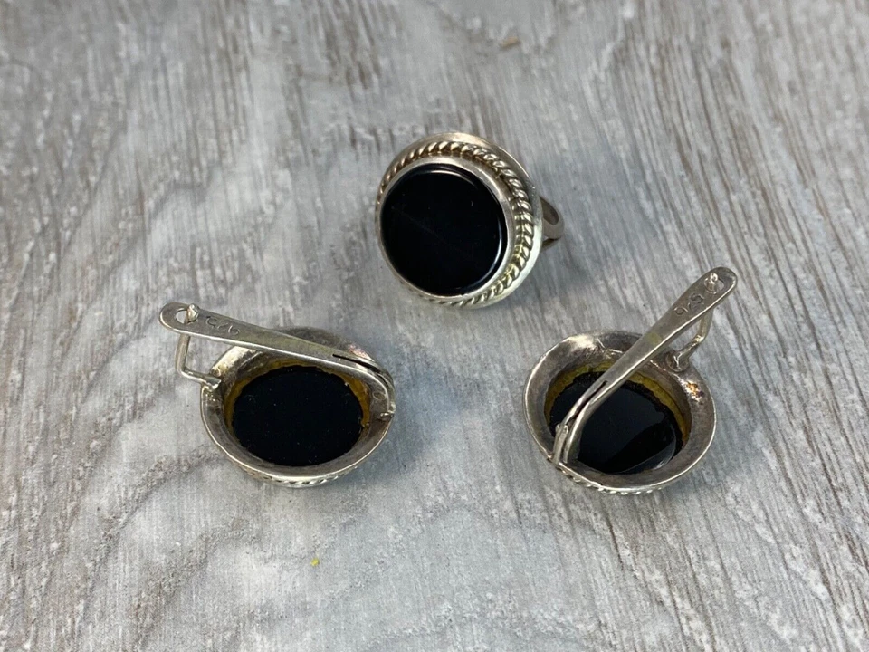 Pendientes vintage para mujer ágata negra anillo de plata de ley 925 Art Deco Foto 2 de 4