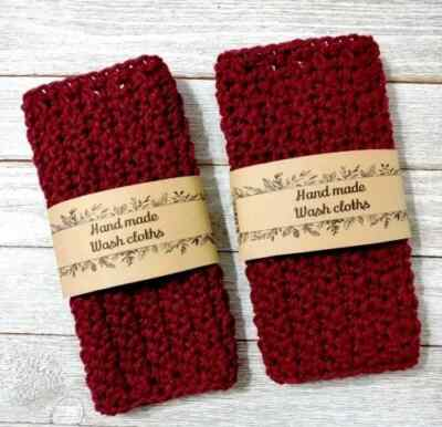 #ad handmade crochet bath wash cloth face spa reusable burgundy maroon 2pc set $16.43
