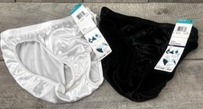 2-Vanity Fair Liquid Satin Bodysleeks Bikini Panties Style 18127 Blk White Sz5