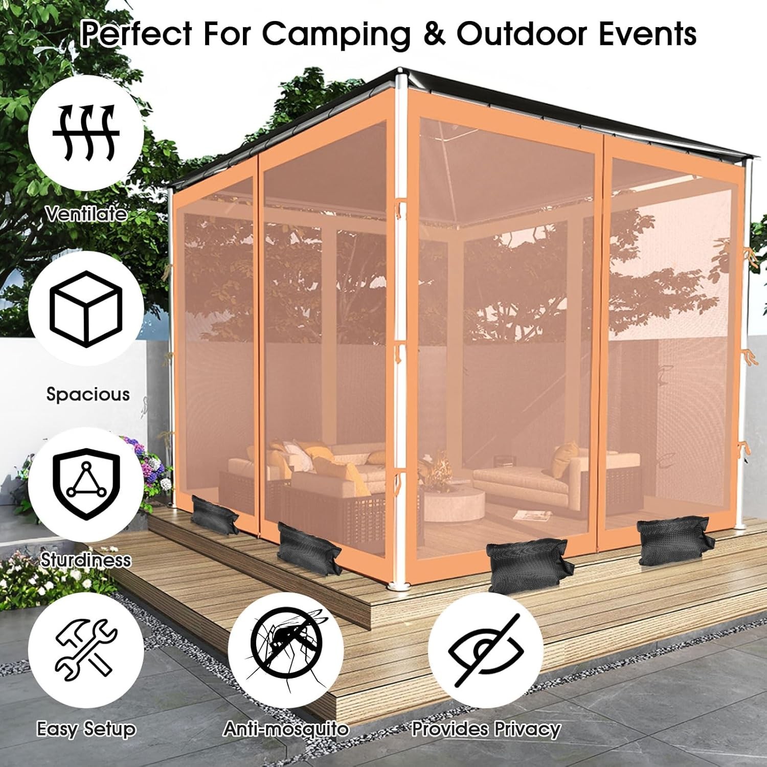 Replacement Mosquito Netting for Gazebo Screen Canopy Mesh Walls with Sandbags.