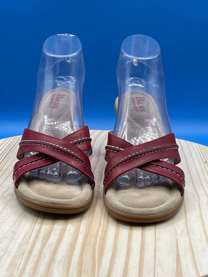 G.H. Bass Sunjun 柔软楔形凉鞋女式 8.5M 码奶油色红色肩带皮革 — 第 2/4 张图片