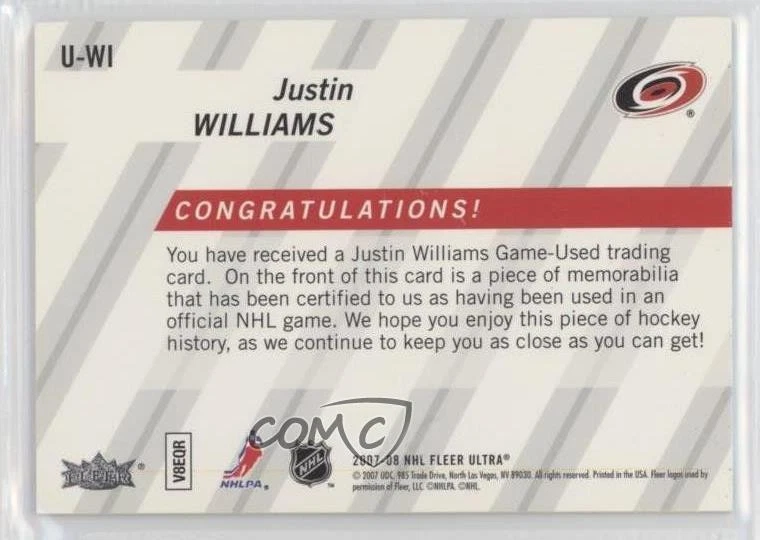 2007-08 Fleer Ultra Ultra Uniformity Justin Williams #U-WI - Image 2 of 2