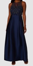 Adrianna Papell Women's Blue Beaded Stretch Taffeta Ball Gown Dress Size 18
