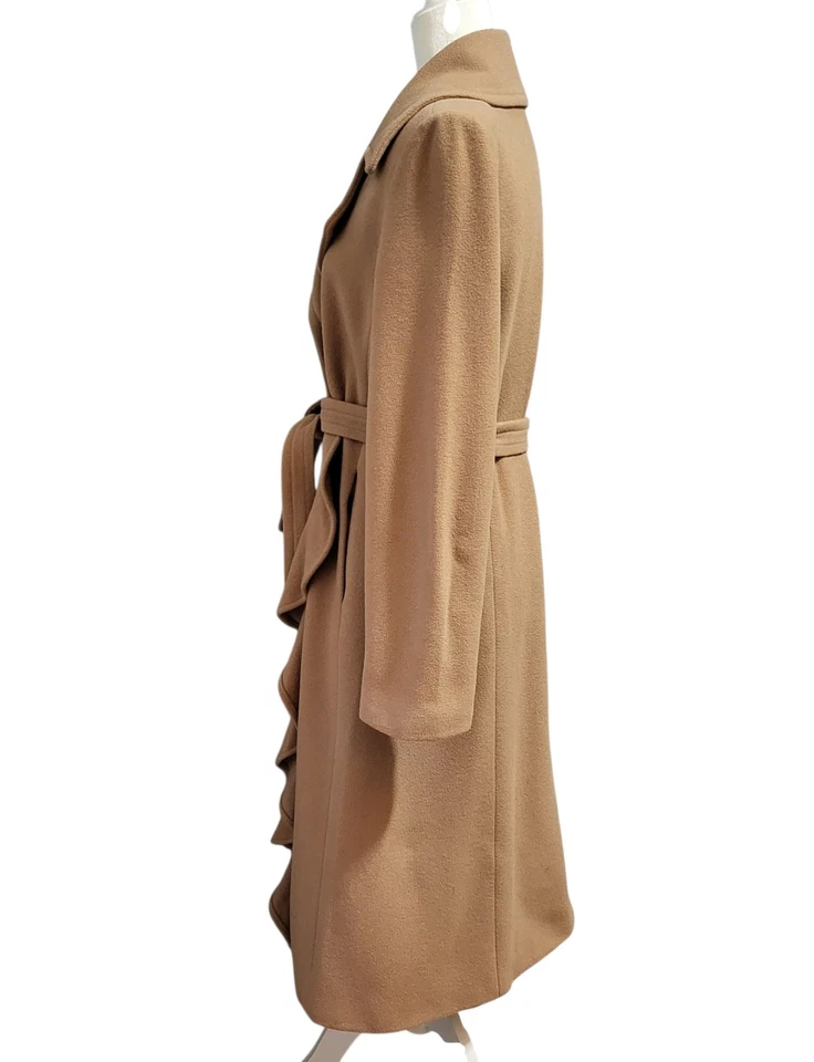 Casaco longo Garnet Hill tamanho 8 lã camelo bronzeado mistura babado cinto clássico - Imagem 4 de 4