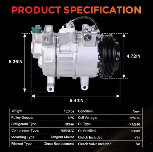 A/C Compressor with Clutch Air Conditioner Compressor Replacement Compatible wit - Picture 2 of 19
