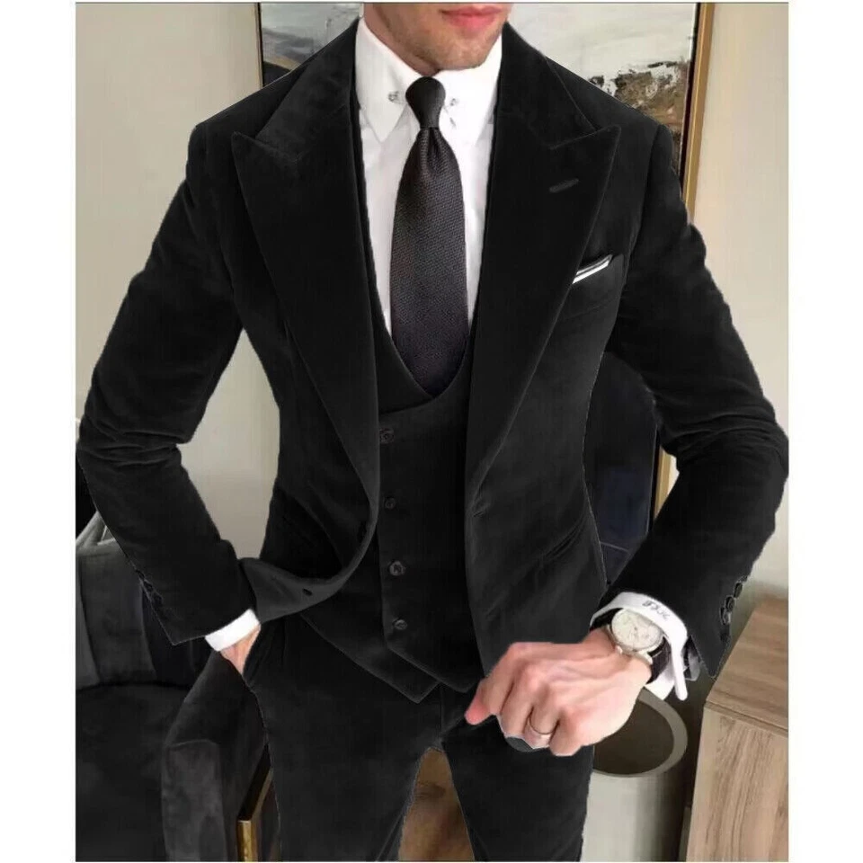 Traje de terciopelo vintage para hombre con solapa de pico ancho formal negocios boda fiesta esmoquin Foto 3 de 4