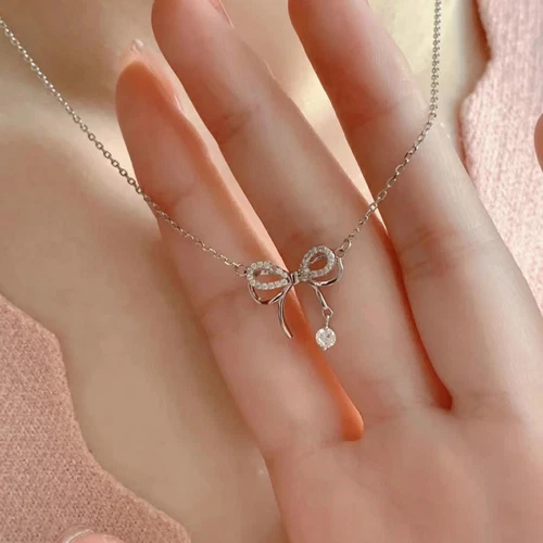 Dainty Sparkling Bow Pendant Necklace Cute Ribbon Charm Jewelry for Women - product listing photo