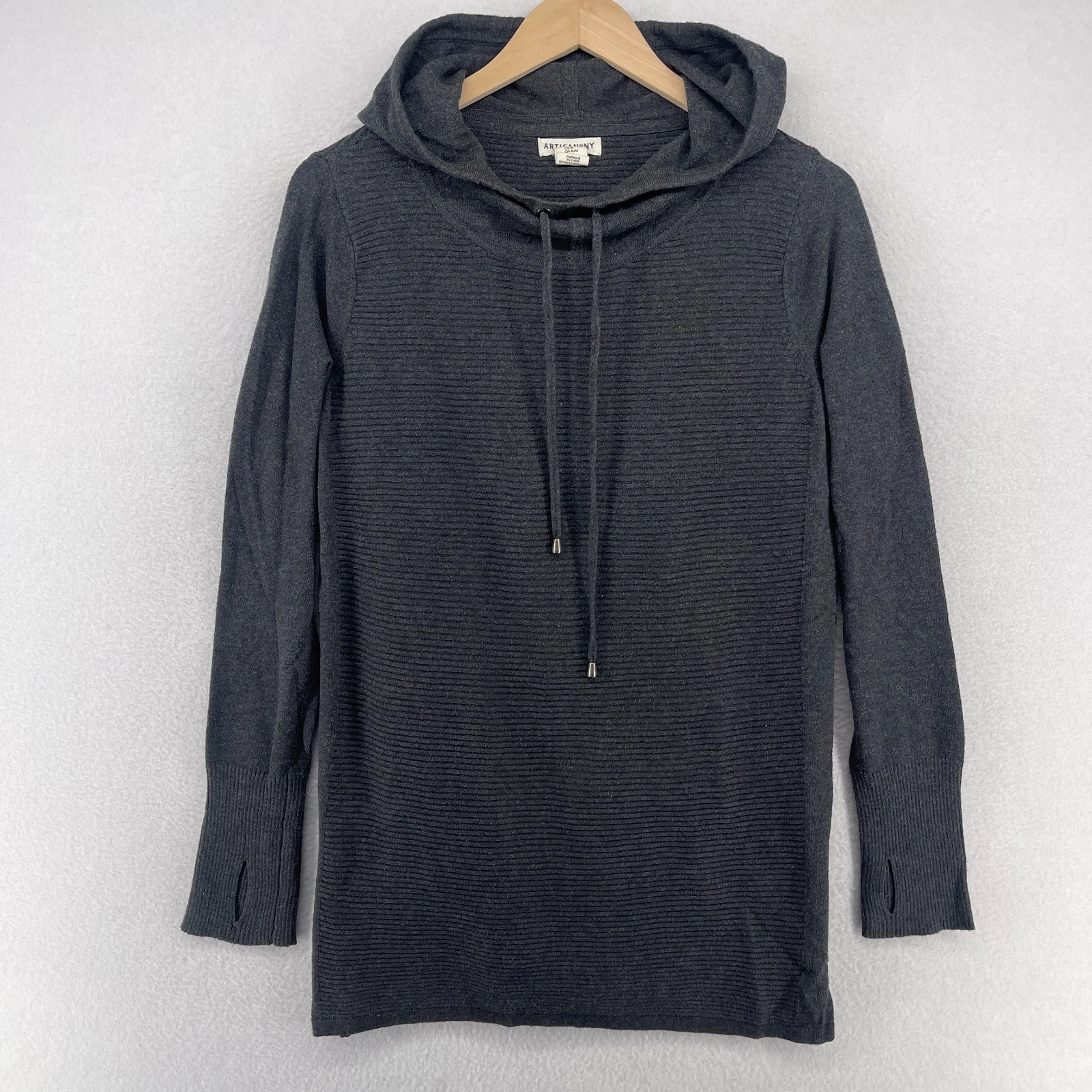 ARTISAN NY Sweater Womens M Hoodie Ribbed Thumbholes Cotton Blend Gray