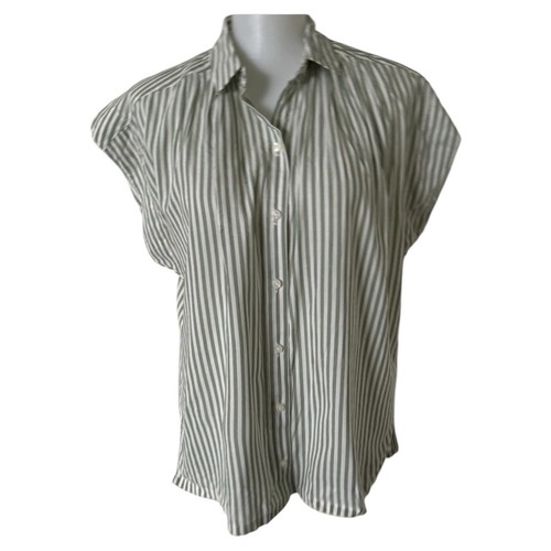 Trovata Birds Of Paradise Striped Top Short Sleeve Button Up Womens Small Green