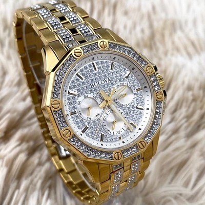 Bulova Octava Quartz 41.5mm Crystal White Dial Gold-Tone Men's Watch 98C126