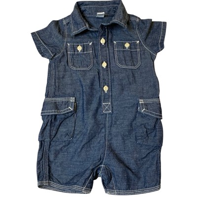 Baby Gap Dark Blue Chambray Linen & Cotton Denim Romper Boy's Sz 3-6 Months EUC