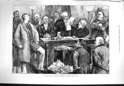 Alter antiker Druck 1880 Bundestagswahlszene Leseergebnis Umfrage Abstimmung 19.