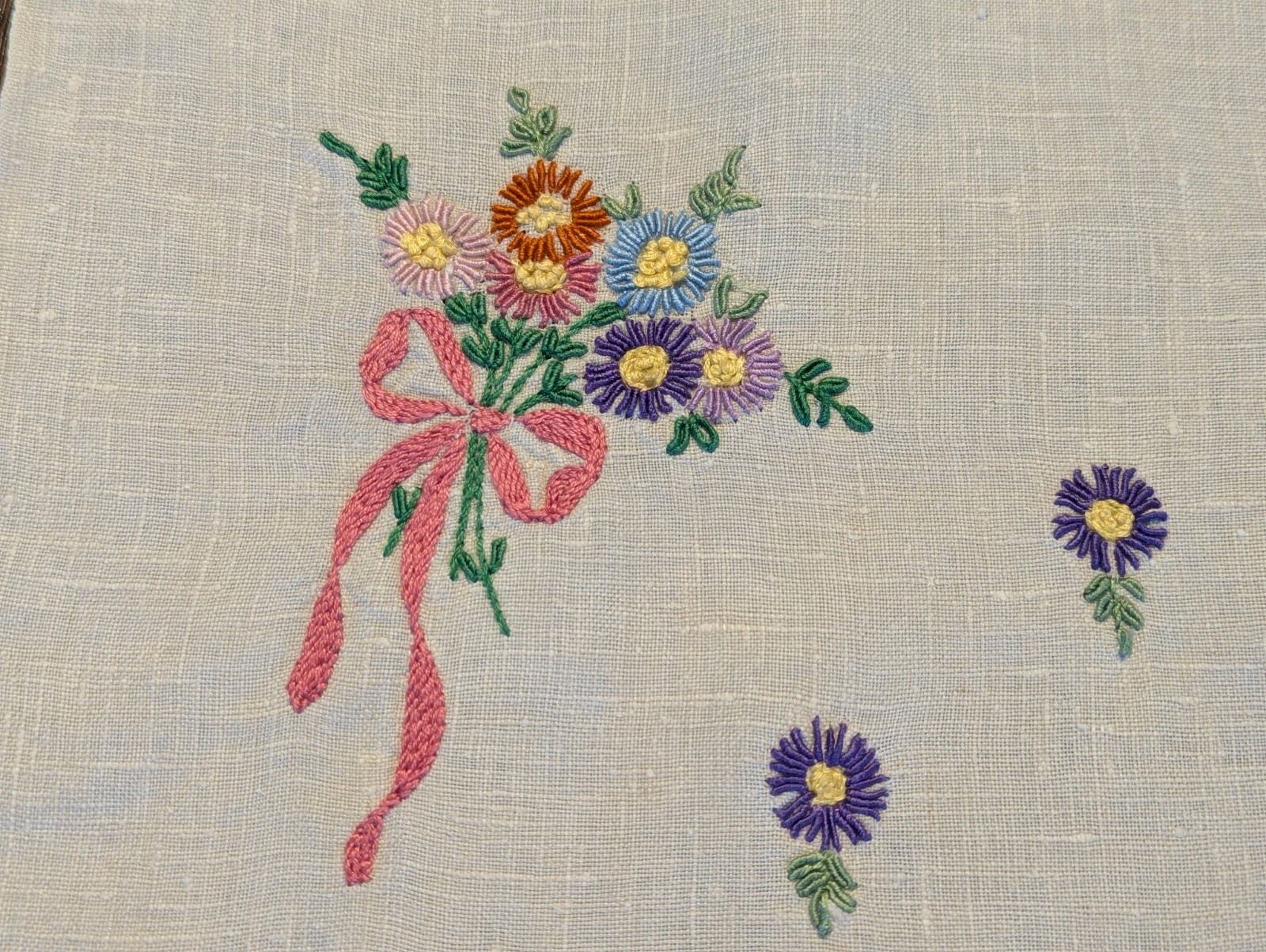 Vintage  Linen Table Runner, Buffet or Dresser Scarf.  Embroidery 41.5”x15.5”