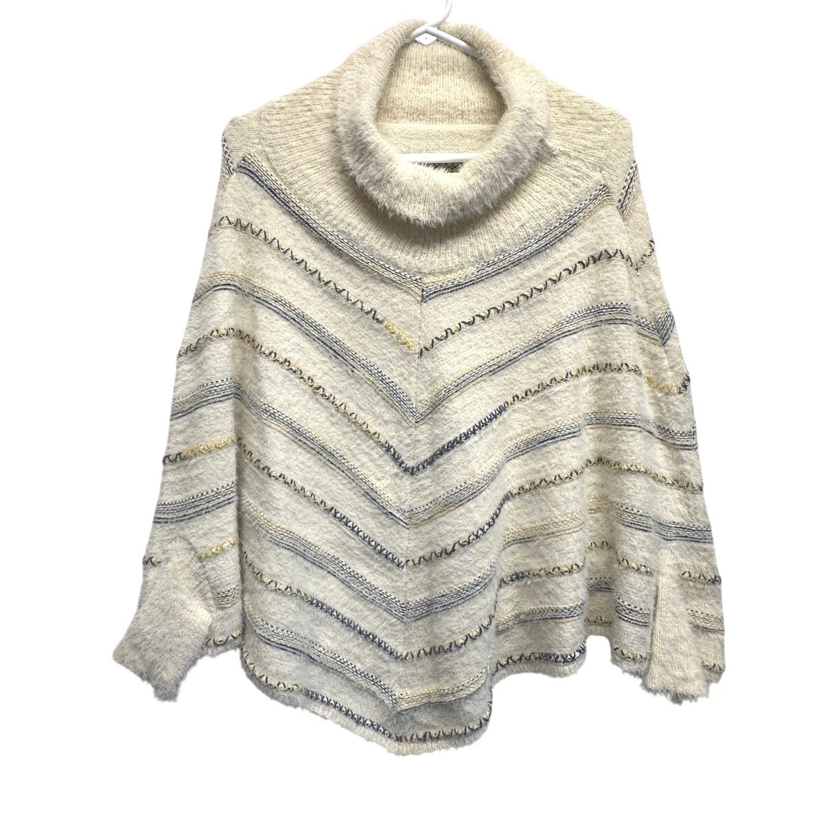 Coco + Carmen Cream Chevron Fuzzy Cowl Neck Poncho Sweater O/S Cozy Chic