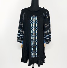 Ranna Gill Anthropologie Black Off Shoulder Embroidered Peasant Boho Dress XS