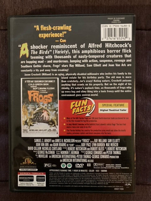 FROGS 1972 HORROR DVD MGM WIDE/FULL SAM ELLIOTT RAY MILLAND CULT