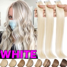 60PCS Tape In Real Remy Human Hair Extensions Skin Weft Thick Full Head White US
