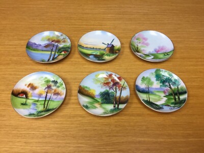6 Vintage Hand Painted Japan Small 4” Landscape Plates Signed T