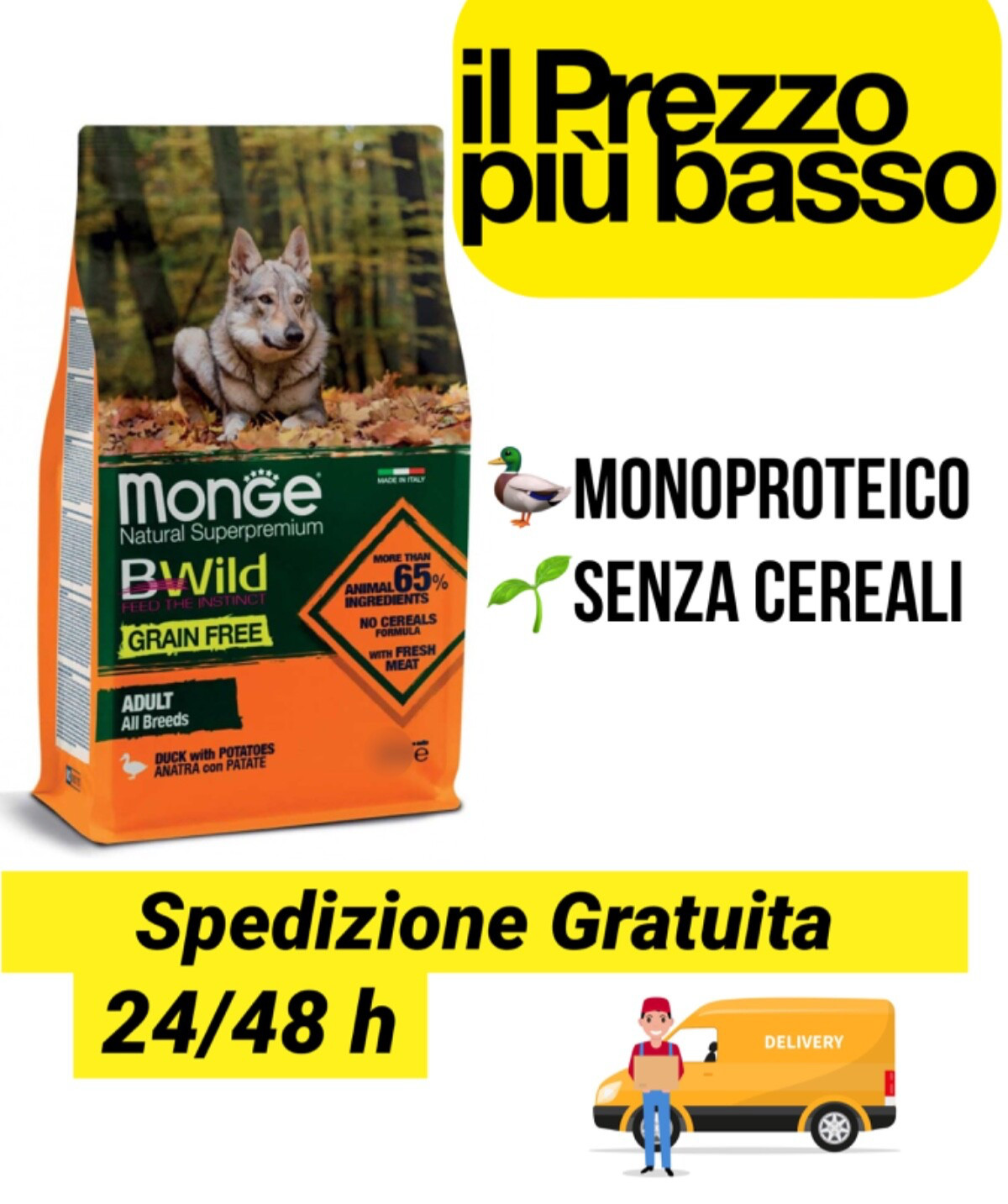 Monge BWild Grain Free Anatra con Patate Alimento per Cani - 12Kg senza cereali
