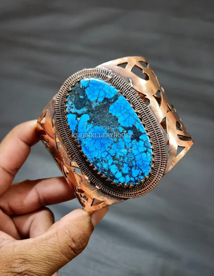 Винтажный регулируемый браслет-манжета из тибетской бирюзовой проволоки в медной обертке ювелирные изделия - Изображение 3 из 4