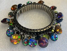 Gothic Boho Metal Stretch Bracelet w/ Dangling Faceted Iridescent Stones