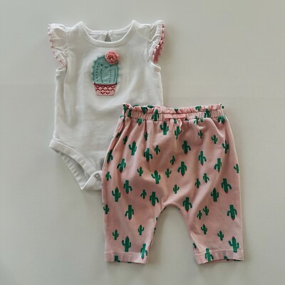 Gymboree 0-3 Months Baby Girl Cactus Bodysuit Pink Pants Set Outfit  Spring