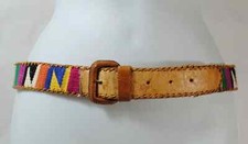 Vintage Women Fossil Brown Leather Belt 33 in Guatemala Multi Color Inlay Small