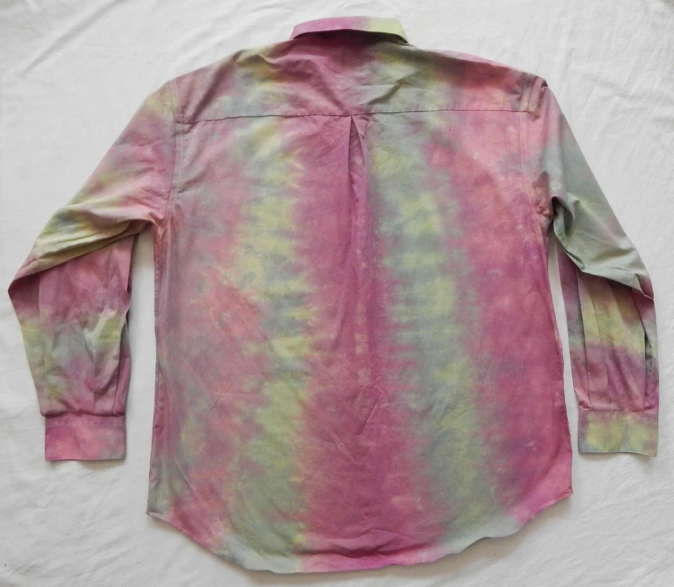 Camisa social Tie Dye rosa roxo amarelo listrado manga longa botão para cima masculina grande - Imagem 2 de 4