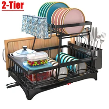 2 Tier Dish Drying Rack w/Mat Drain Board Utensil Holder MetalKitchen Counter US