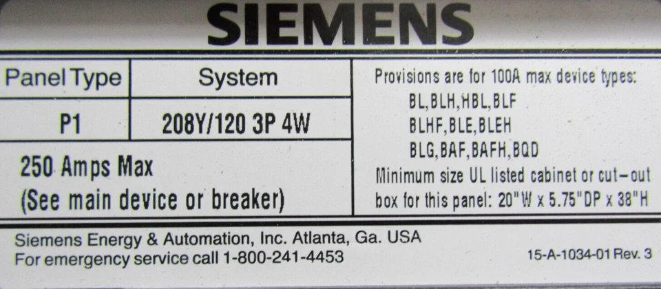 😃 SIEMENS 250 AMP MAIN LUG PANELBOARD 208Y/120 VAC 3Ø 30 CIRCUIT P1X30MC250C - Image 2 of 4