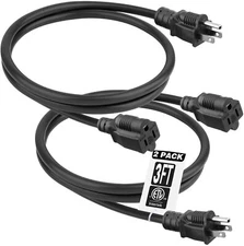 3 Feet Power Extension Cord Outlet, 3Prong Cords NEMA 5-15P to NEMA 5-15R 2 Pack