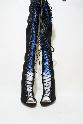 Size 10 Womens Black + Stretch & Open Toe Lace Up+Zip Thigh High Stiletto Boots - Picture 10 of 12