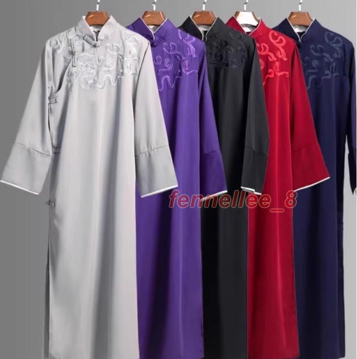 Men's Chinese Style Long Gown Robe Stand Collar Oblique Jacket Vintage Tang  Suit