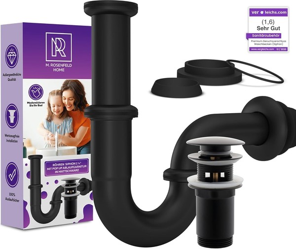 Siphon Syphon Ablaufgarnitur Mit ÜBerlauf Waschbecken 1 1/4 Zoll +Pop Up Schwarz-image