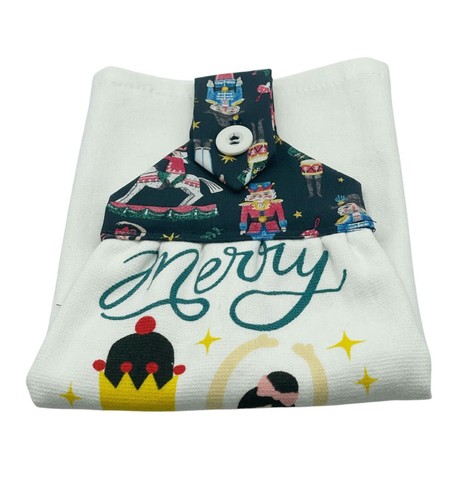 Christmas Hanging Dishtowel "Merry and Bright" Nutcrackers on White Towel - Picture 2 of 6
