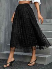 Maple Womens Black Plaid Mesh Skirt High Waist Midi Skirt Size M