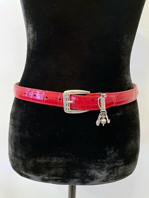 Brighton Women crock embossed leather belt with silver hard wear, sz medium Brighton Black Leather Croc Embossed Silver And Brass  main image 4