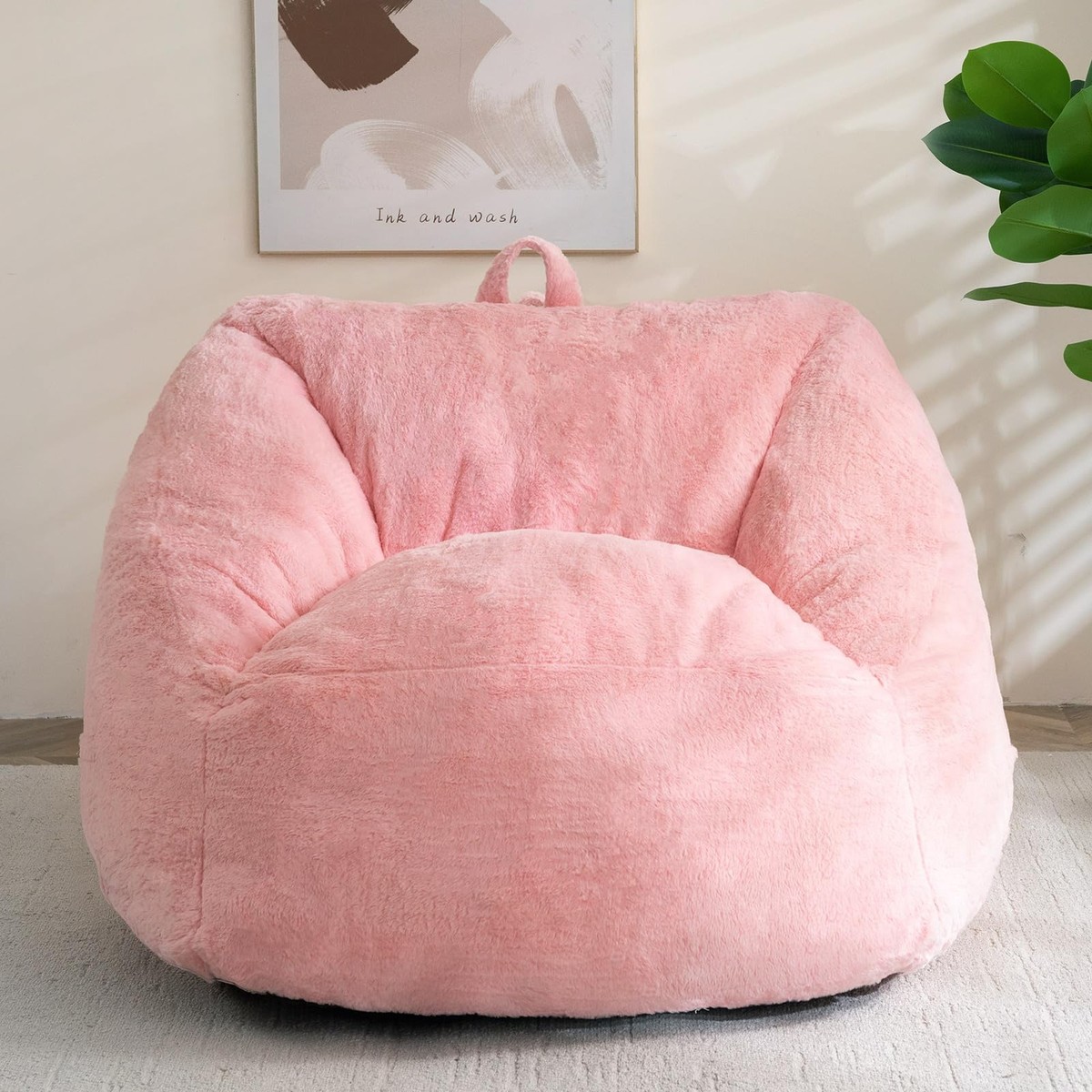Pink Bean Bag Chair for Adults Kids with Armrests - Fluffy Lazy