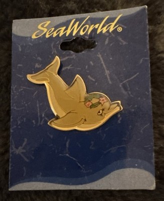 1988 Sea World Dolly Dolphin YELLOW Enamel RETIRED floral headpiece Tack Pin