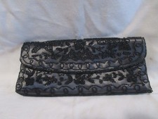 Vintage Hand Made in France Black Seed Beads on Satin Clutch Purse