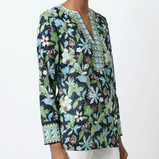 Tory Burch Embellished Garden Wisteria Tunic Cotton Beaded Floral