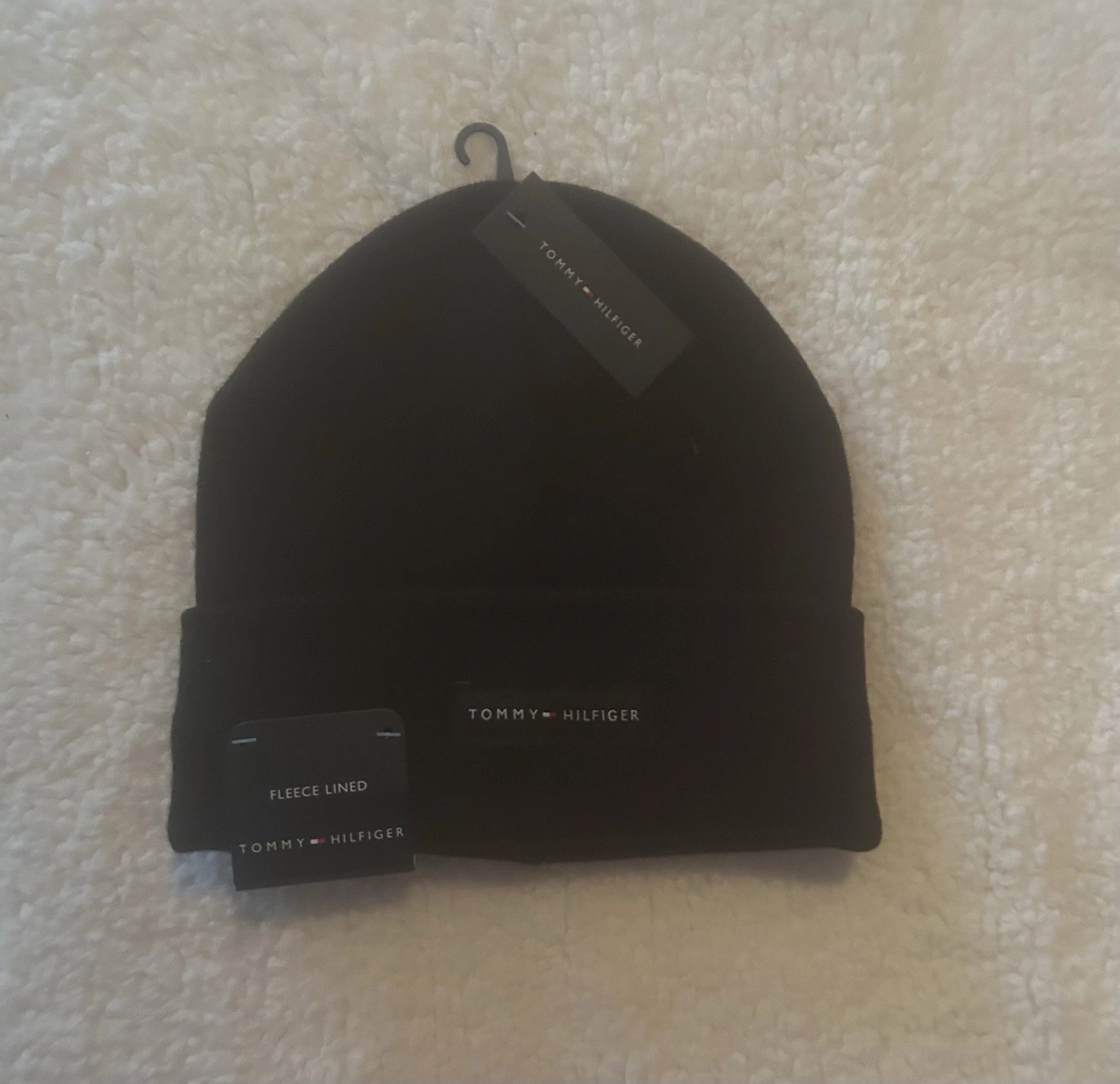Men’s Tommy Hilfiger Fleece Lined Hat Beanie Black Logo NWT One Size