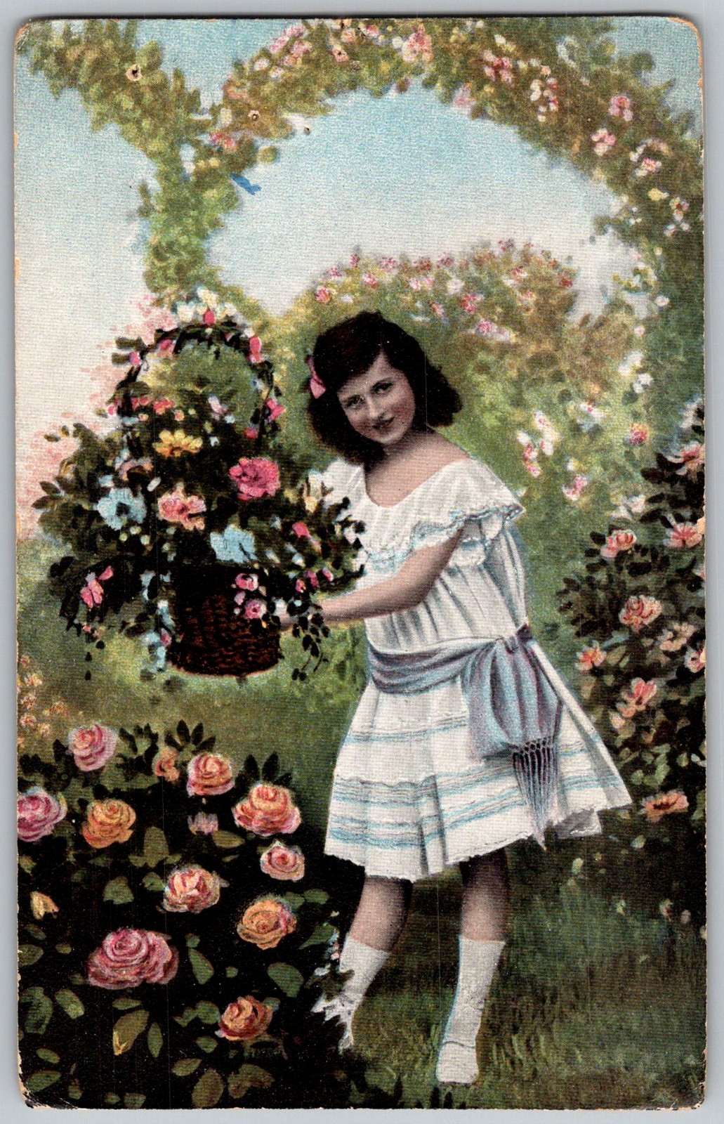 Antique Postcard Girl Flower Basket DE 1910s